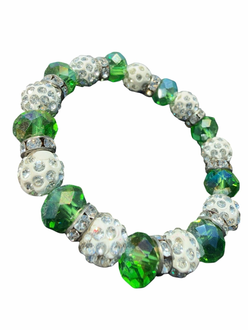 Green Crystal & White Pave Bead Stretch Bracelet